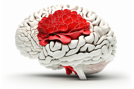 A white brain with a red flower on it. Concept of a clean, beautiful, open mind. Created with Generative AI technology.の素材
