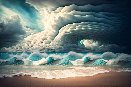 Abstract stylized ocean waves and clouds. Created with Generative AI technology.の素材