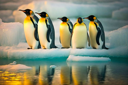 Penguins on ice near the ocean. Created with Generative AI technology.の素材