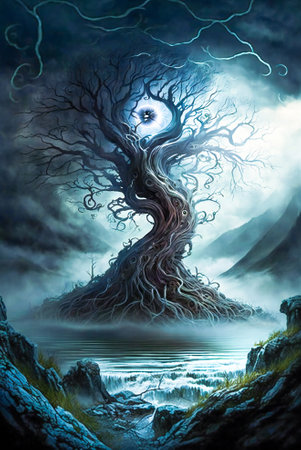A twisted dried tree trunk in a dark, misty, mysterious place. Created with Generative AI technology.の素材