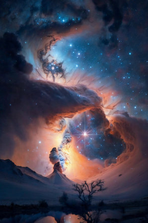 Night illustration of the Milky Way galaxy over an earth landscape. Fictional. Created with Generative AI technology.の素材