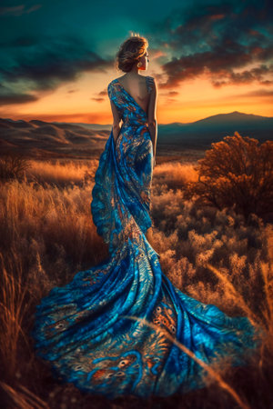 A woman with a blue long dress walking in a field at sunset. Meditative and melancholy state of mind concept. Created with Generative AI technology.の素材