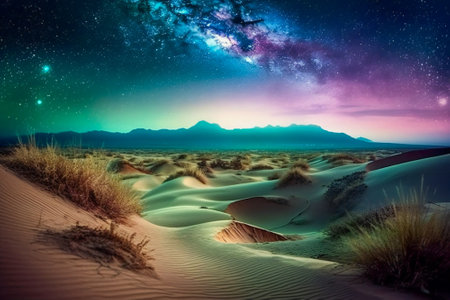 Galaxy starlight over desert dunes in the night. Dreamy landscape. Created with Generative AI technology.の素材