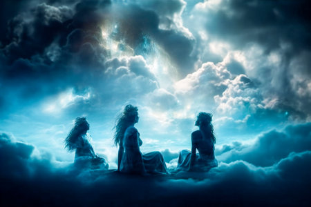 Celestial beings among the clouds. Dream, fantasy, creative and meditative mind concept. Created with Generative AI technology.の素材