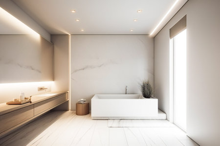 Minimalist bathroom in white and beige tones. Created with Generative AI technology.の素材