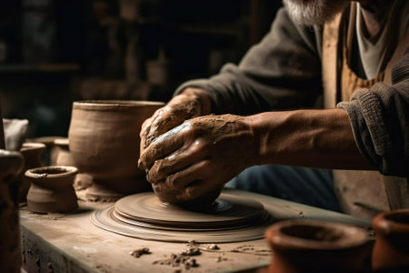 A potter in his workshop crafting a pot. Created with Generative AI technology.の素材