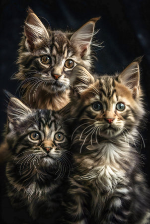 Three cute kitten looking at the camera. Created with Generative AI technology.の素材