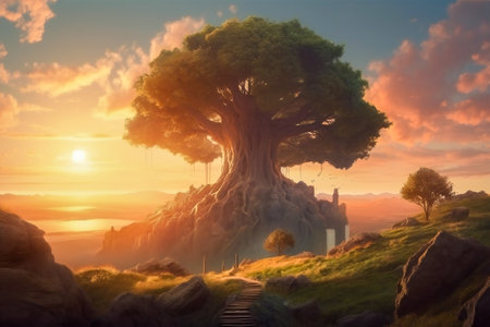 Big majestic lone tree in a beautiful landscape at sunset. Created with Generative AI technology.の素材