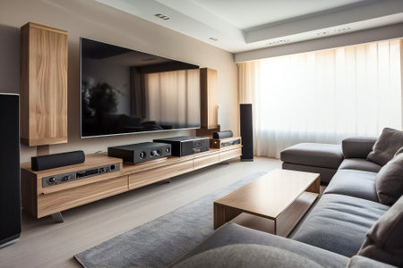 Modern living room with a big TV, audio line and furniture. Created with Generative AI technology.の素材