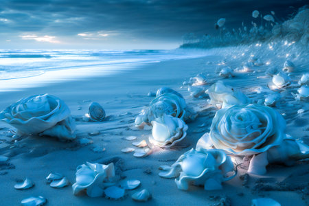 Dream landscape on a sandy beach with shells, flowers, pearls and little luminous glass spheres. Dream and meditation concept.  Created with Generative AI technology.の素材