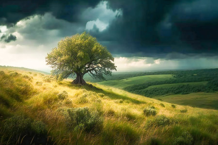 Lone tree on a green hill, stormy sky in background, beautiful light before storm. Created with Generative AI technology.の素材