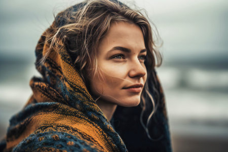 Close up portrait of a young woman in a sweater. Created with Generative AI technology.の素材