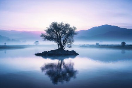 Illustration of a lone tree on a lake. Isolation and loneliness concept. Created with Generative AI technology.の素材