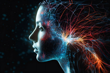 Illustration of a colorful woman head. Meditation, higher consciousness and transcendental concept. Created with Generative AI technology.の素材