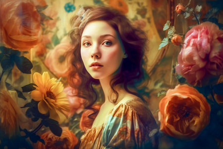 Fantasy portrait of a girl surrounded by flowers, pastel colored illustration. Created with Generative AI technology.の素材