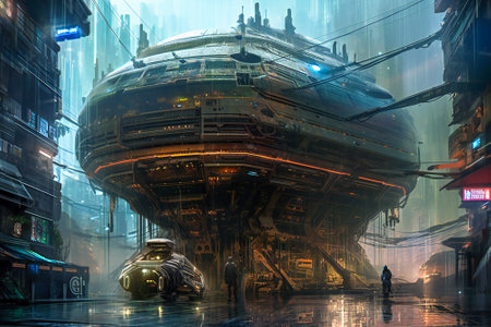 Futuristic giant tower structure, urban or industrial. Created with Generative AI technology.の素材