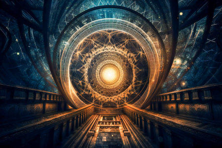 Fantasy big hall in heaven or in a spiritual dimension. Deep spiritual domensions and life after death concept. Created with Generative AI technology.の素材