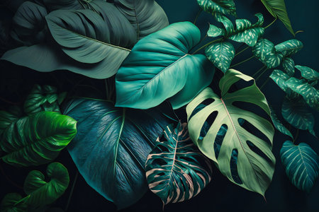 Green leaves wallpaper illustration. Created with Generative AI technology.の素材