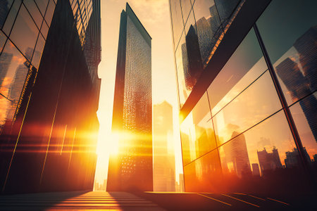 Modern office towers with glass facades under morning light. Business, office and finance concept illustration. Created with Generative AI technology.の素材