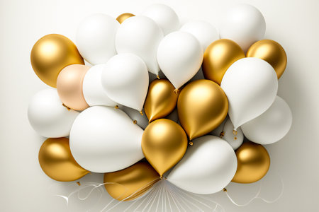 Golden and white air baloons. Celebration background illustration. Created with Generative AI technology.の素材