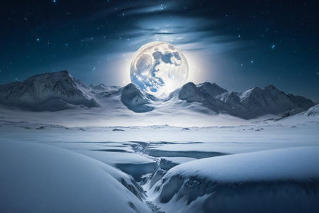 Big white moon rising over an ice and snow winter landscape. Created with Generative AI technology.の素材