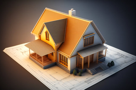 A small home model sitting on a construction blueprint. Real estate and engineering design concept. Created with Generative AI technology.の素材
