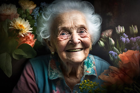Happy old woman smiling. Created with Generative AI technology.の素材