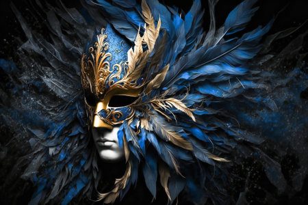 Luxury blue carnival mask with feathers and gold elements. Created with Generative AI technology.の素材