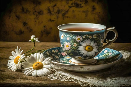 Close up of a tea cup and daisies on a wooden table. Created with Generative AI technology.の素材