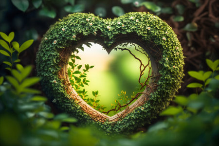 Heart shape leaves decopuage in a garden. Seasonal concept of joy, love and spring. Created with Generative AI technology.の素材