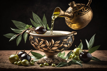 Olive oil being poured over green olives in a traditional vase. Created with Generative AI technology.の素材
