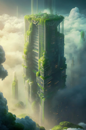 Futuristic sky scrapper above the clouds, with green hers terraces. Fictional architecture. Created with Generative AI technology.の素材