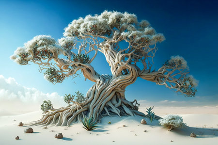 Lonely unusual white dry tree in a desert, with blue sky and clouds in background. Fictional digital illustration. Created with Generative AI technology.の素材