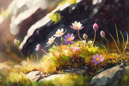 Illustration of little spring flowers blooming. Macro, shallow depth of field. Fictional. Created with Generative AI technology.の素材