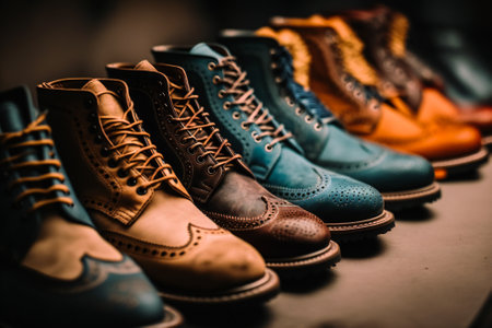 Men shoes in a raw. Created with Generative AI technology.の素材