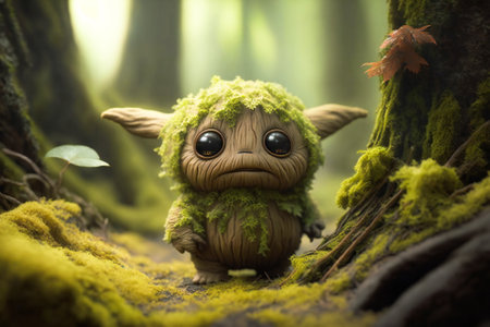 Tiny fantasy green creature in the woods.  Created with Generative AI technology.の素材