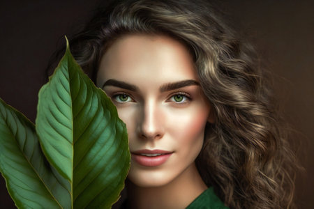 A smiling young woman hiding behind a green leaf. Created with Generative AI technology.の素材