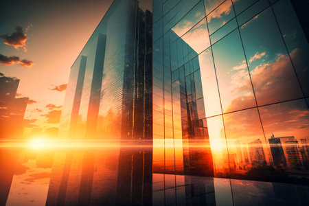 Modern office towers with glass facades under morning light. Business, office and finance concept illustration. Created with Generative AI technology.の素材