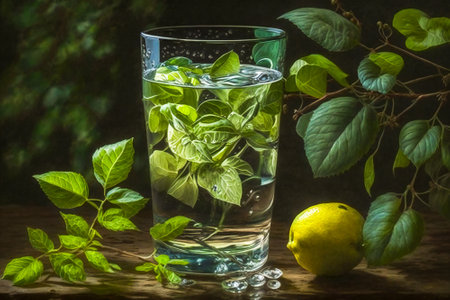 Fresh drink or mojito with water or rum, limes and mint leaves. Created with Generative AI technology.の素材