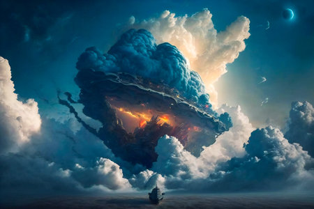 Giant alien space ship surrounded by clouds. Created with Generative AI technology.の素材