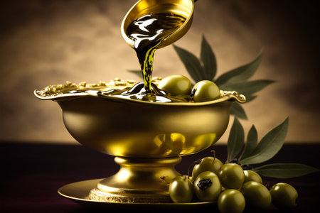 Olive oil being poured over green olives in a traditional vase. Created with Generative AI technology.の素材