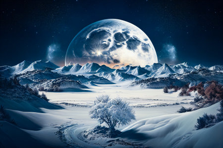 Big white moon rising over an ice and snow winter landscape. Created with Generative AI technology.の素材