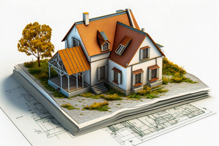 A small home model sitting on a construction blueprint. Real estate and engineering design concept. Created with Generative AI technology.の素材