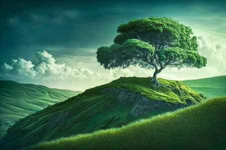 Majestic lone tree on the top of a green hill. Created with Generative AI technology.の素材