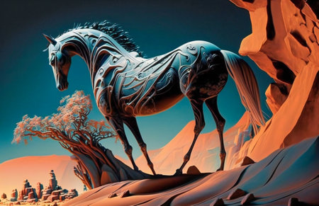 Abstract shape of a horse made of tree branches in the desert. Created with Generative AI technology.の素材