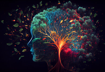 Illustration of a colorful woman head. Meditation, higher consciousness and transcendental concept. Created with Generative AI technology.の素材