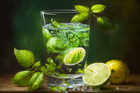 Fresh drink or mojito with water or rum, limes and mint leaves. Created with Generative AI technology.の素材