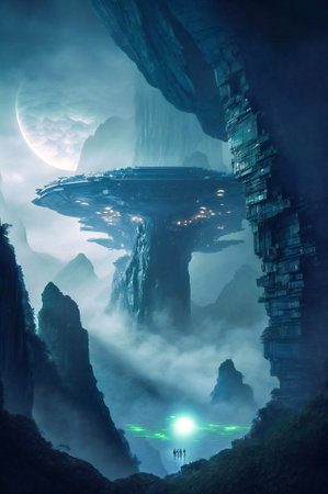 Futuristic or ancient structures on an alien planet. Advanced alien technology. Created with Generative AI technology.の素材