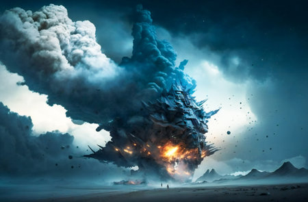 Giant alien space ship surrounded by clouds. Created with Generative AI technology.の素材
