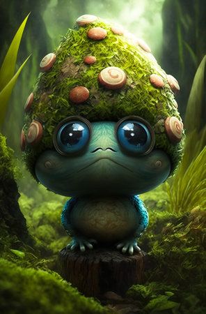 Tiny fantasy green creature in the woods.  Created with Generative AI technology.の素材